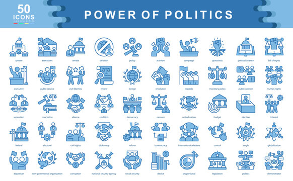 The Power of Politics blue icon set explores key political forces like democracy, policy, civil rights, and diplomacy ideal for educational, government, or civic engagement projects.