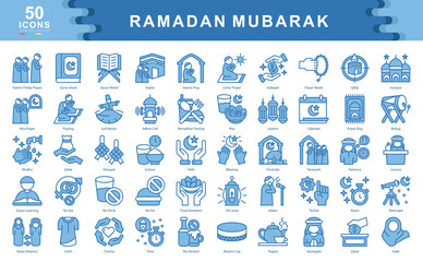 The Ramadan Mubarak blue icon set reflects spiritual devotion and cultural traditions of the holy month, perfect for faith based designs, educational content, and festive campaigns.