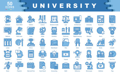 University icon set containing Architecture ,Exam Result, Accounting, Math, Reference, Bookshelf, Exam, Diploma, Essay, Stationary, Digital Learning, Medal, Literation icon. Simple blue vector