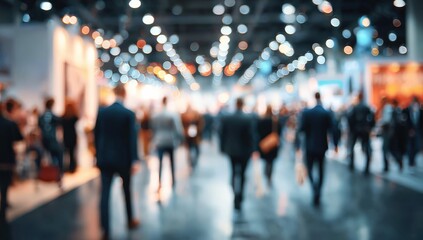 A blurred image of people walking through a brightly lit indoor event or conference space.
