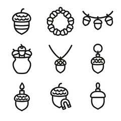 Acorn Craft Icons. Outline icon set of acorn crafts & decorations: painted acorn, acorn wreath, acorn garland, acorn vase fill,