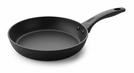 A black frying pan, perfect for making delicious meals on a white backdrop.