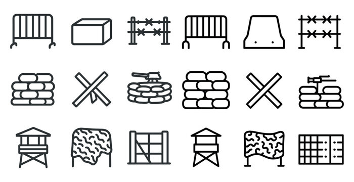 Security and defense barrier icons set for urban and industrial design projects
