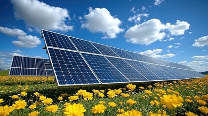 solar panels system of renewable green power technology for better environment at agriculture farm. 	