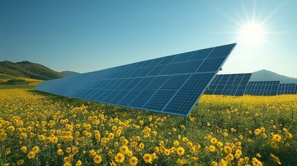 solar panels system of renewable green power technology for better environment at agriculture farm. 	