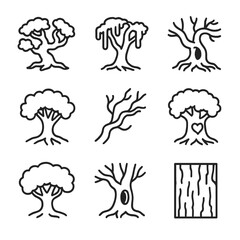 Fototapeta premium Ancient Trees Icon Set. Outline icon set of ancient trees: gnarled oak, hanging moss, hollow trunk, sprawling roots, twisted