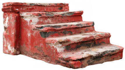 Old outdoor staircase with chipped red paint showing underlying concrete and dirt, isolated on transparent background, ideal for architecture or history projects