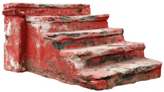 Old outdoor staircase with chipped red paint showing underlying concrete and dirt, isolated on transparent background, ideal for architecture or history projects