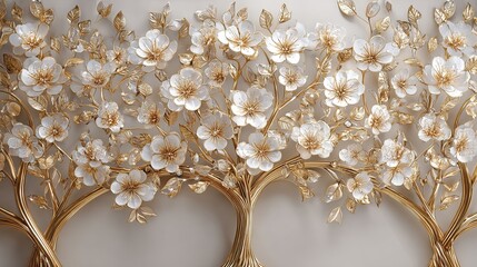 Elegant golden tree with white flowers wallpaper for home decor and luxury interior design ideas art print