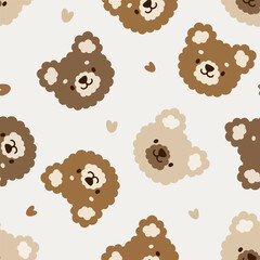Cute teddy bears with brown and beige hearts, kids seamless pattern background.