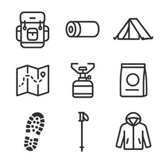 Backpacking Icon Set. Outline icon set of backpacking multi-day trek: large backpack, sleeping pad, tent, trail map, cooking stove