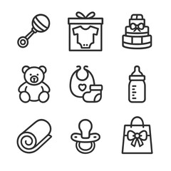 Baby Shower Icon Set. Outline icon set of baby shower gifts: baby rattle, onesie package, diaper cake, plush toy, bib and booties,