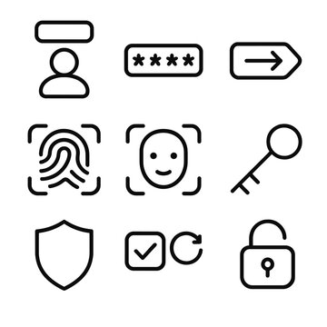 Authentication Icon Set. Outline icon set of account authentication: username field, password field, login button, fingerprint