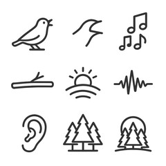 Fototapeta premium Bird Song Icons. Outline icon set of bird song communication: singing bird silhouette, open beak, musical note cluster, branch