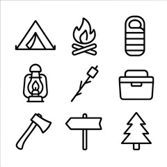 Camping Icon Set. Outline icon set of forest camping trip: tent, campfire, sleeping bag, lantern, marshmallow on stick, cooler,