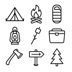 Camping Icon Set. Outline icon set of forest camping trip: tent, campfire, sleeping bag, lantern, marshmallow on stick, cooler,