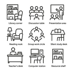 Classroom Icon Set. Outline icon set of classroom zones: library corner, discussion table, presentation area, reading nook, group