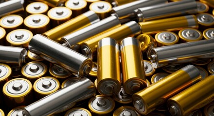 Large pile of gold and silver batteries representing power and modern technology