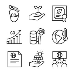 Fototapeta premium Climate Mitigation Icons. Outline icon set of climate change mitigation: carbon footprint, tree planting, carbon offset