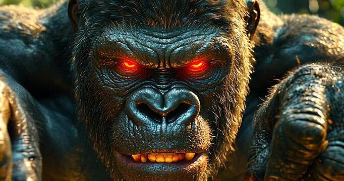 Close-up of a primate with glowing eyes, Forest background, dramatic lighting, fierce pose, focused, intense, wild animal