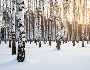 Fototapeta premium Winter birch forest bathed in golden sunlight