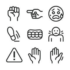 Fototapeta premium Confrontation Fear Icons. Outline icon set of confrontation fear: raised fist, pointing finger, fearful face, sweat stream,