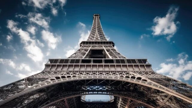 Majestic View of the Eiffel Tower Against a Dramatic Sky with Clouds and Intricate Ironwork Details