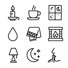 Fototapeta premium Cozy Reading Icons. Outline icon set of reading atmosphere and mood: candle flame, coffee cup, moonlit window, rain drop, cozy