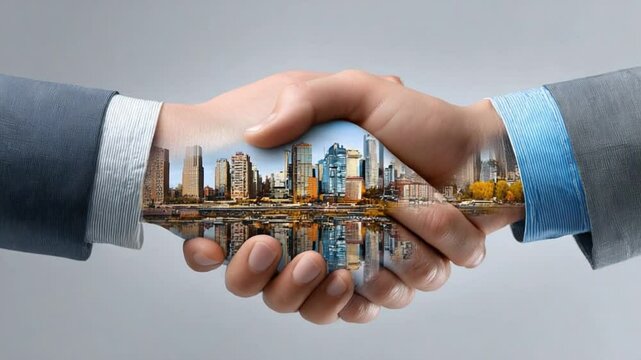Building Bridges: A compelling visual metaphor showcasing the seamless merger of business acumen and urban landscapes, where a firm handshake acts as a gateway to the future.