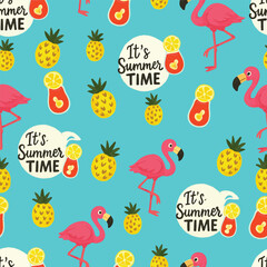 A vibrant and cheerful summerthemed pattern featuring colorful flamingos, pineapples, and playful text