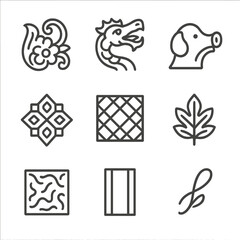 Fototapeta premium Decorative Motif Icons. Outline icon set of decorative motifs: floral engraving, dragon head spout, animal nose spout, geometric