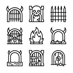 Obraz premium Demonic Fortress Gate Icons. Outline icon set of demonic fortress gates: portcullis, skull gate, spiked bars, chained door, flame