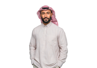Confident man in traditional middle eastern attire on transparent background, PNG