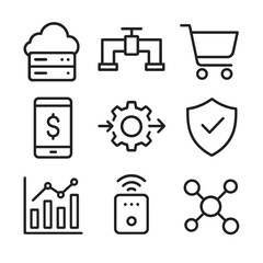 Digital Economy Icon Set. Outline icon set of digital economy integration: cloud server, data pipeline, e-commerce cart, mobile