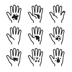 Obraz premium Dirty Hands Icons. Outline icon set of dirty hands situations: paint-stained palm, grease-covered fingers, ink-smeared thumb, soil