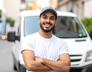 Smiling delivery person in front of a van.