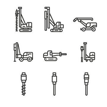 Drilling Rig Icon Set. Outline icon set of drilling and piling rigs: rotary drilling rig, piling rig, rock drill, water well