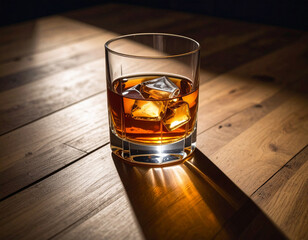 Classic Whiskey Glass with Ice Cubes – Premium Aged Whiskey on Wooden Table