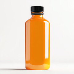 A realistic studio-style image of a plastic bottle filled with vibrant orange liquid, standing slightly tilted on a clean white background. . High quality photo