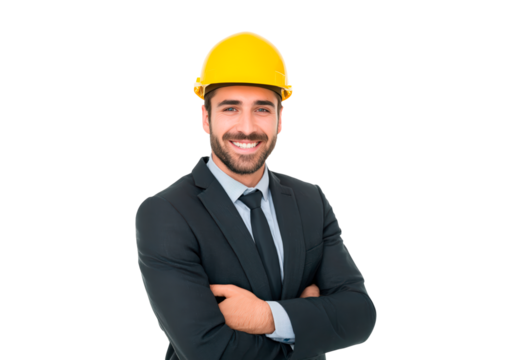 Confident male engineer in yellow hard hat with business suit on transparent background, PNG