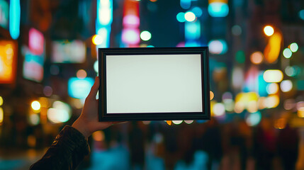 Blank Picture Frame Held Up Against a Vibrant City Nightscape Background