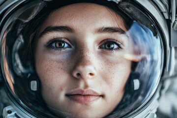 Astronaut Face. Close-up Portrait of Young Astronaut Completing Space Mission with Elements of Cosmos and Planet