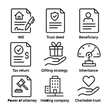 Estate Tax Icon Set. Outline icon set of estate and tax planning: will document, trust deed, beneficiary form, tax return, gifting