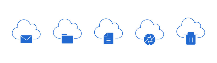 Folder, File, Trash, Photo & Mail, Blue Cloud Storage Line Icons Set, Vector Illustration
