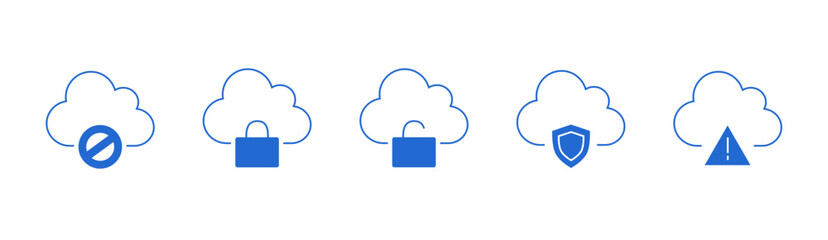 Offline, Lock, Unlock, Warning, Protection, Blue Cloud Security Line Icons Set, Vector Illustration