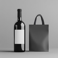 A realistic studio-style mockup of a dark glass wine bottle with a blank, matte white label, standing next to a minimal, luxury gift bag with black handles. . High quality photo