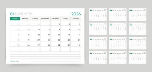 Calendar 2026 year. Calender template. Monthly desk planner. Week starts Sunday. Yearly stationery organizer. Schedule layout with 12 month. Horizontal diary grid in English. Vector illustration