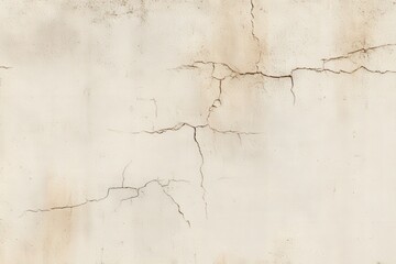 Fototapeta premium A beige wall with multiple hairline cracks and subtle discoloration, showing signs of aging and wear.