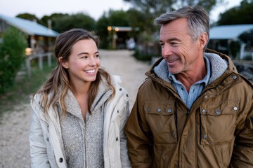 Fototapeta premium A father and daughter share a joyful moment walking together along a rustic path, highlighting the beauty of their relationship through smiles and an enjoyable outdoor experience.