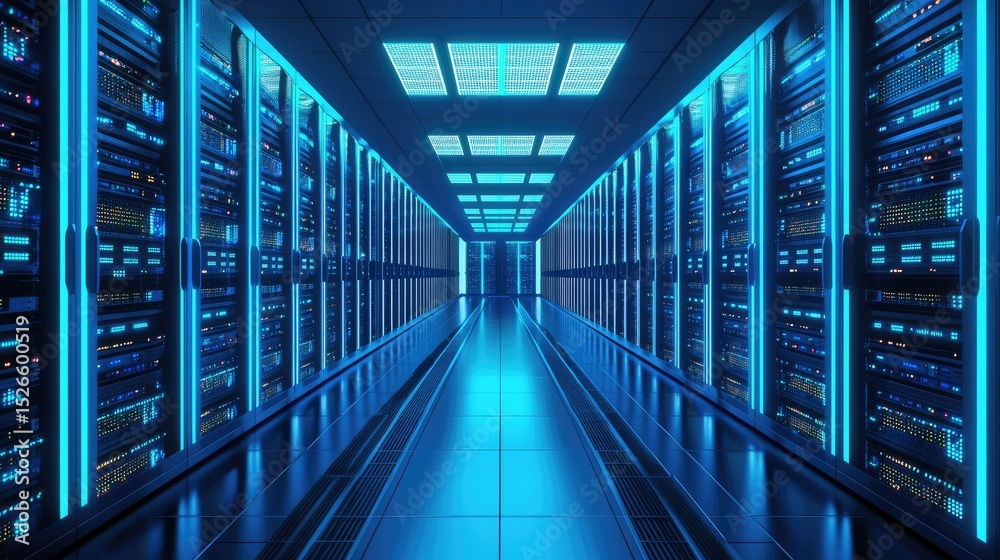 Poster high-tech data center corridor with rows of glowing servers and vibrant blue lighting, perfect for c